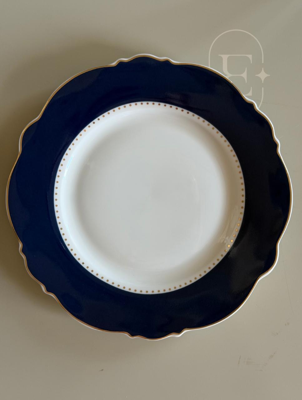 PRATO SOBREMESA ROYAL PORCELANA BRANCO E AZUL FILADO DE DOURADO (06 UNID)